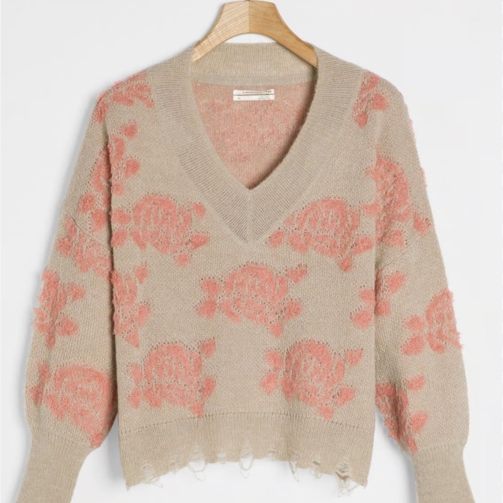 Anthropologie Cozy Pink and Cream V-Neck Sweater